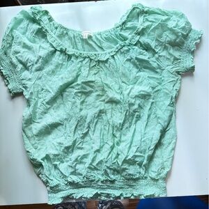 Max Studio Light Green White Striped Off Shoulder Short Sleeve Top Large